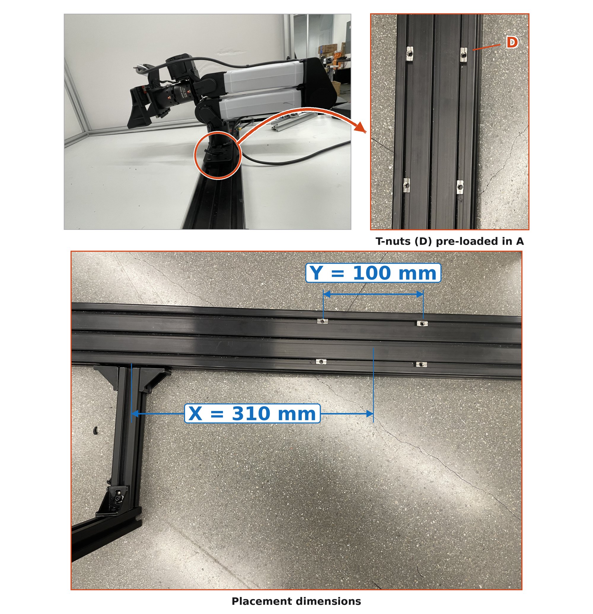 Robot arm bolted to the base rail, a close-up of four T-nuts pre-loaded in the rail, and a rotated view of the rail with placement dimensions X and Y