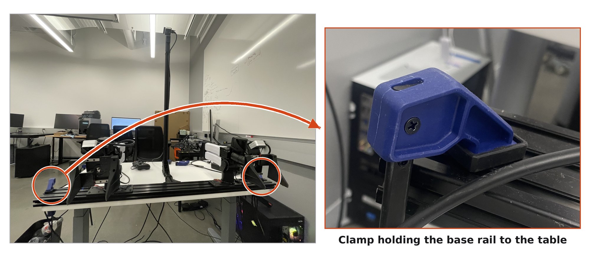 The full bench with both clamps circled, and a close-up of one clamp holding the base rail to the table edge