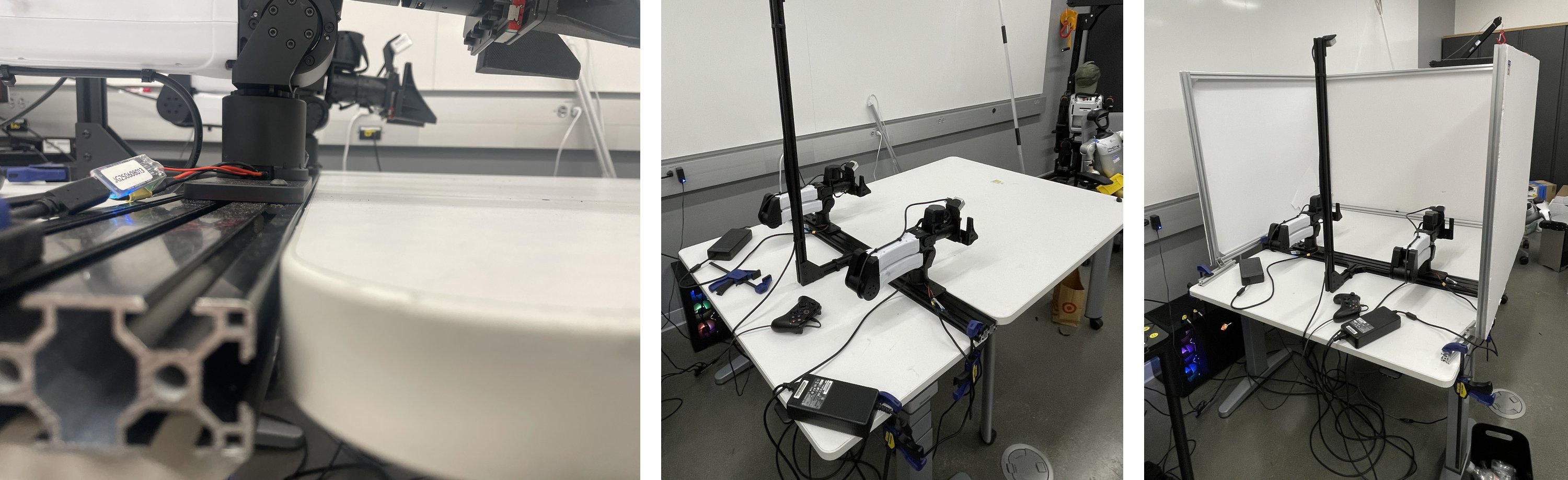 Left: close-up of the workspace table edge meeting the base rail, with the table top level with the top of the rail under the robot base. Middle: the workstation with the workspace table aligned to the robot, without the cage. Right: the same workstation with the cage on, clamped to the robot table