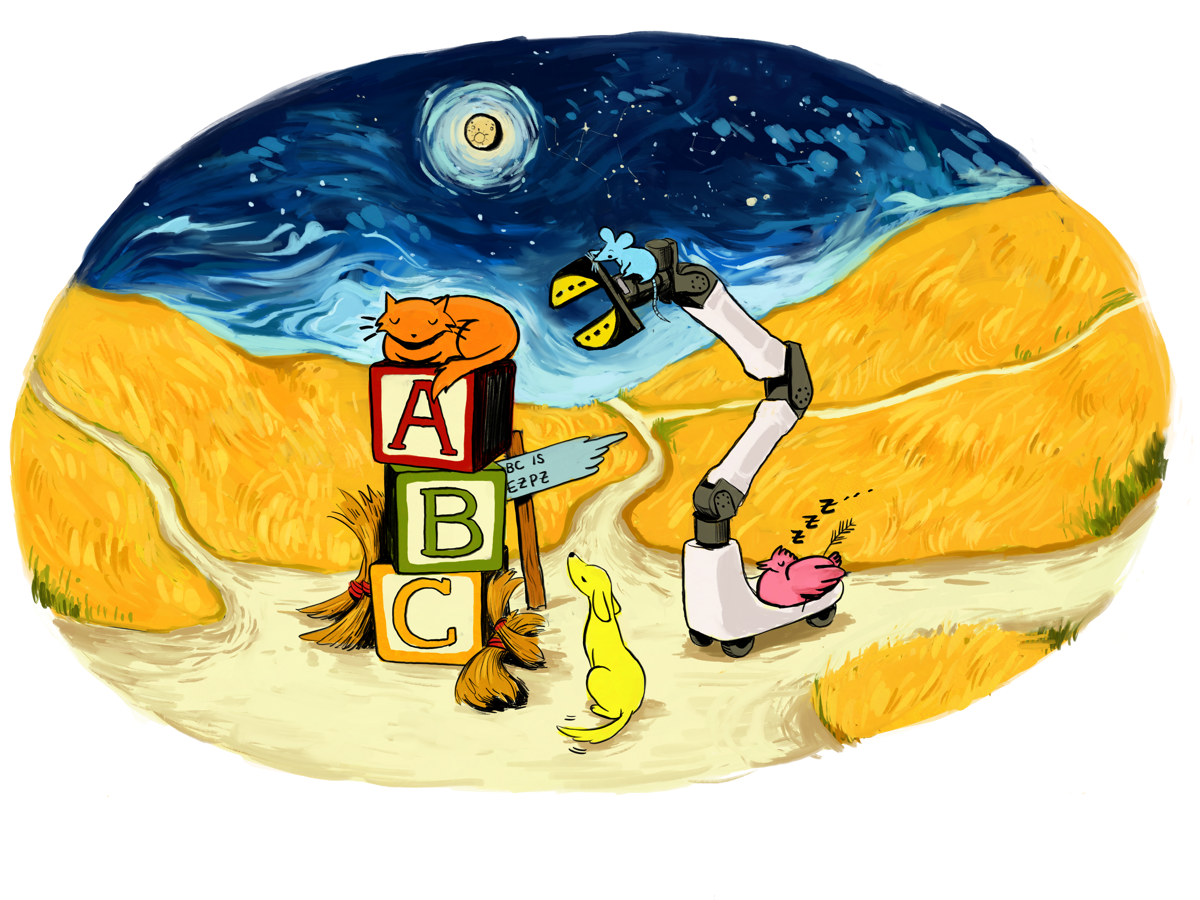 ABC: a yellow dog watches a robot arm carry a blue mouse while a cat rests on ABC blocks under a starry painted sky. A signpost reads 'BC is EZPZ.'